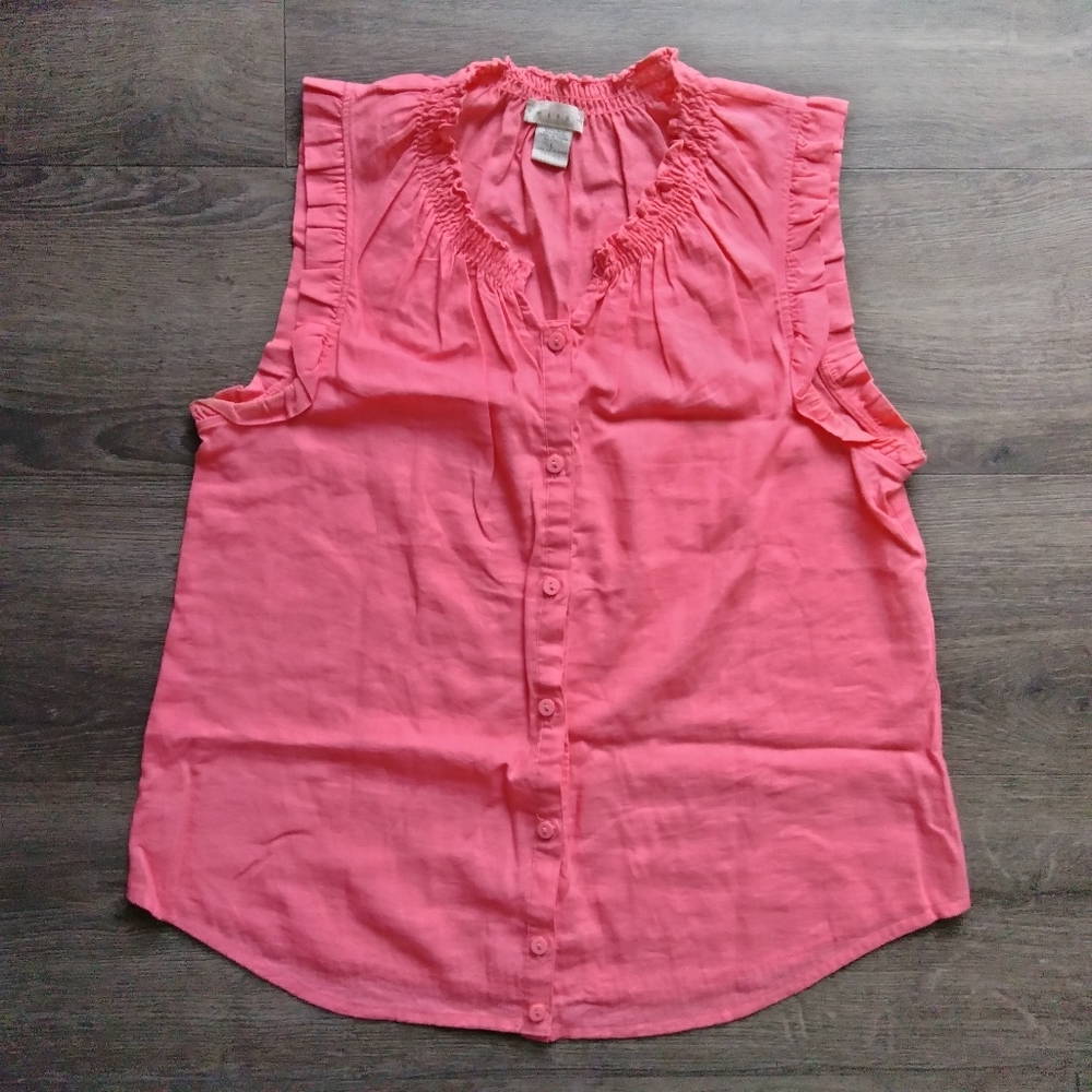 Tweeds Linen Blend Button Down Sleeveless Shirt Women's Size L Coral Orange Pink
